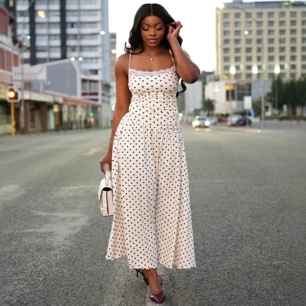 African Lace Polka Dot Spaghetti Strap Dress Sleeveless Elegant Versatile
